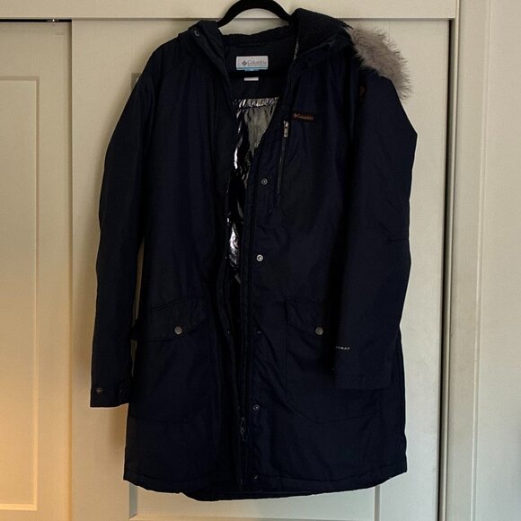 Columbia Omni-Heat Womens-Large Suttle Mountain Long Insulated Jacket Navy - Picture 2 of 4